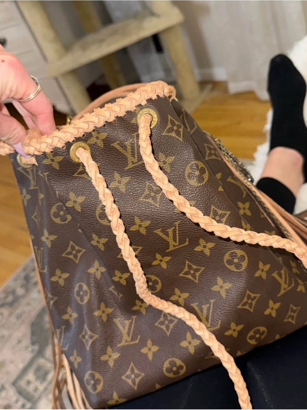 Louis Vuitton Monogram Drawstring Bucket Bag with Tan Braided Trim and Fringe - Picture 6 of 11